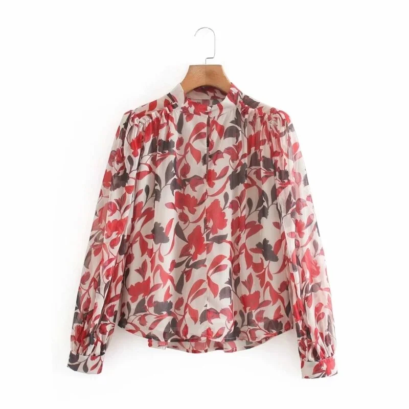 Women Flower Printing Chiffon Smock Puff Sleeve Shirts Female Stand Collar Blouses Casual Lady Loose Tops Blusas S8253