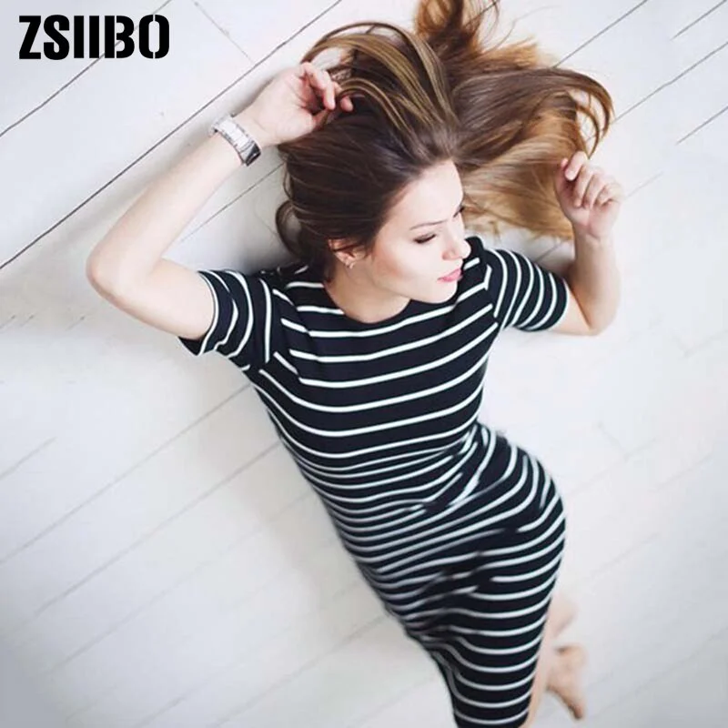 ZSIIBO Women's short Sleeve White Black Striped Bodycon Dress Wear to Work Casual Party Pencil Dresses