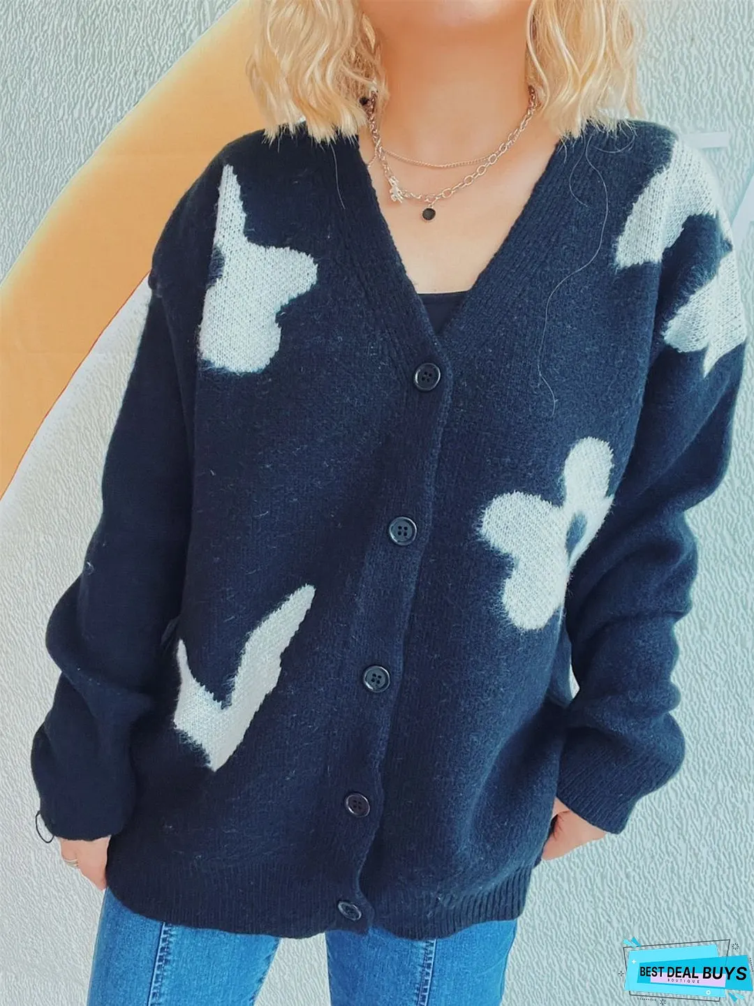 Flower Button Down V-Neck Long Sleeve Cardigan