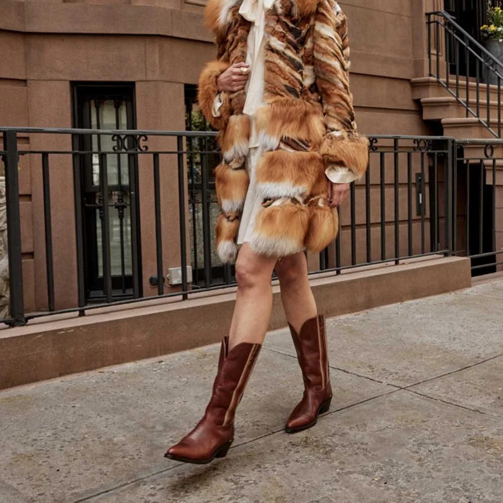 Maroon Pointed Toe Chunky Heel Cowgirl Boots with Ombre Stitching