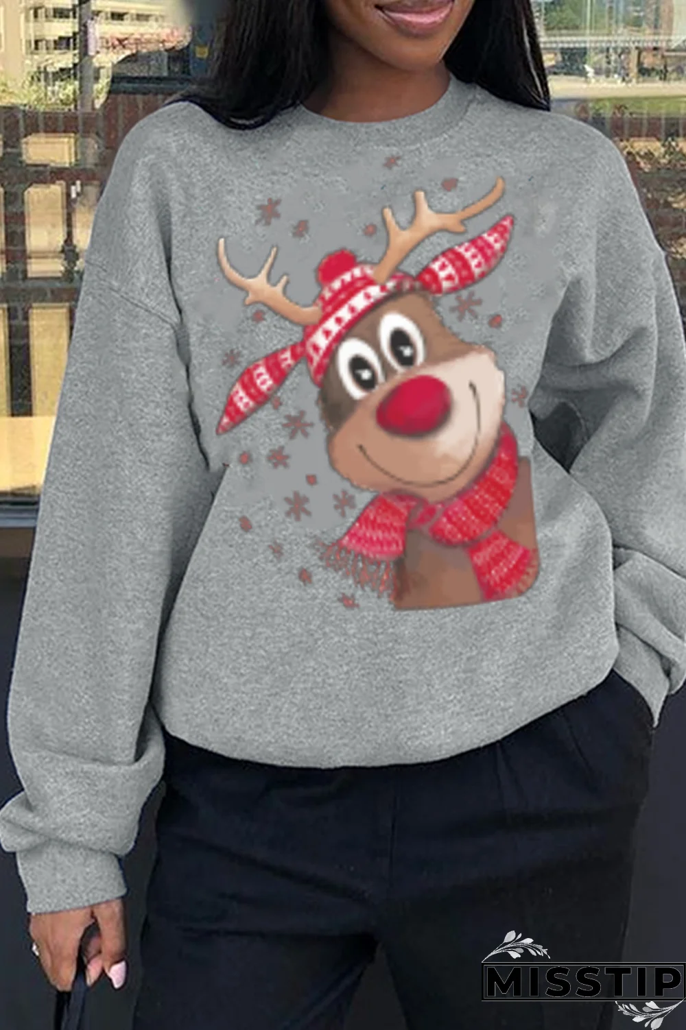 Black Casual Street Print Wapiti Patchwork O Neck Tops