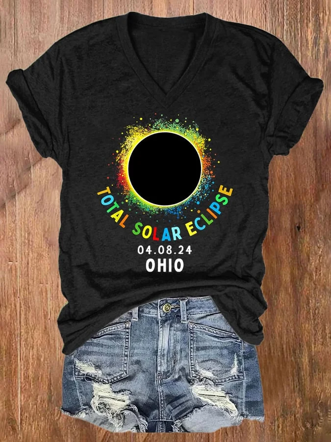 V-neck Retro Solar Eclipse Of April 8, 2024 Print T-Shirt socialshop