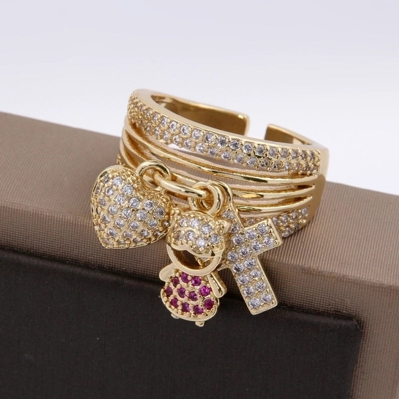 Copper 18K Gold Plated Cute Modern Style Plating Inlay Human Heart Shape Zircon Wide Band Rings Charm Rings Open Rings