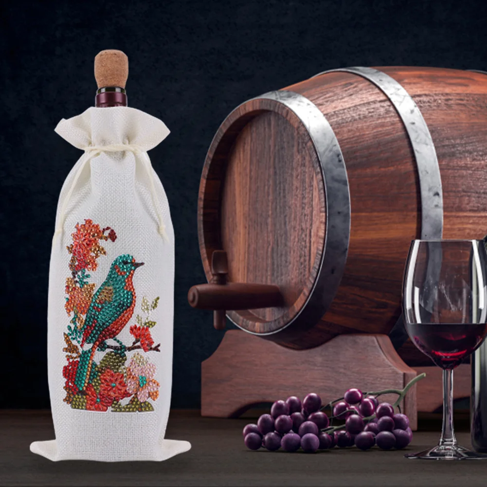 DIY Flower Diamond Painting Burlap Wine Gift Bags Label Liquor Bottle Covers