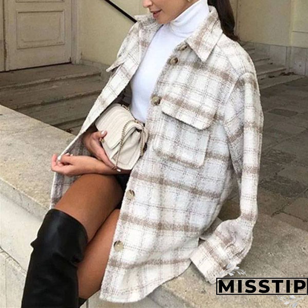 Classic Thick Colorblock Checked Button Down Shirt Jacket Woolen