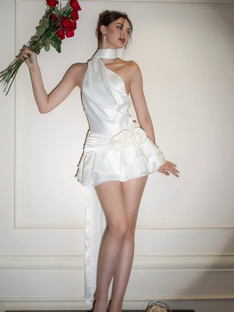 Satin Sexy Backless 3D Flowers White Halter A-line Mini Dress 