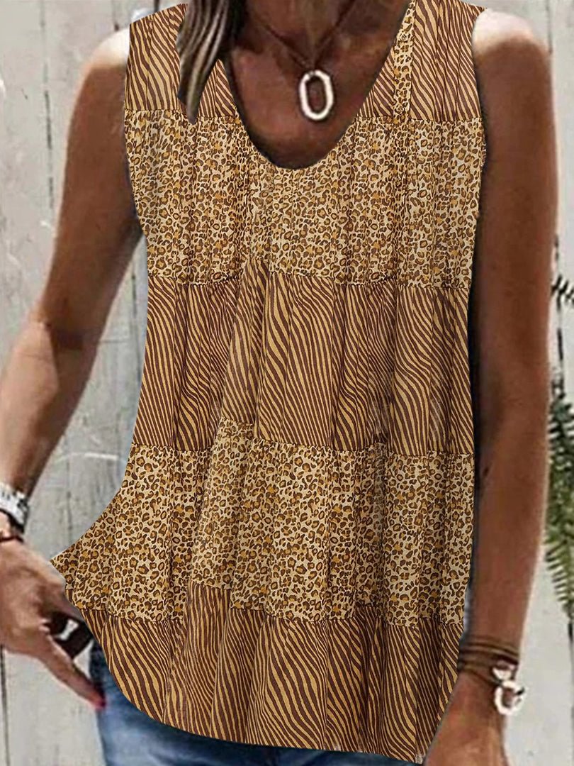 Women Sleeveless V-neck Leopard Zebra Print Top
