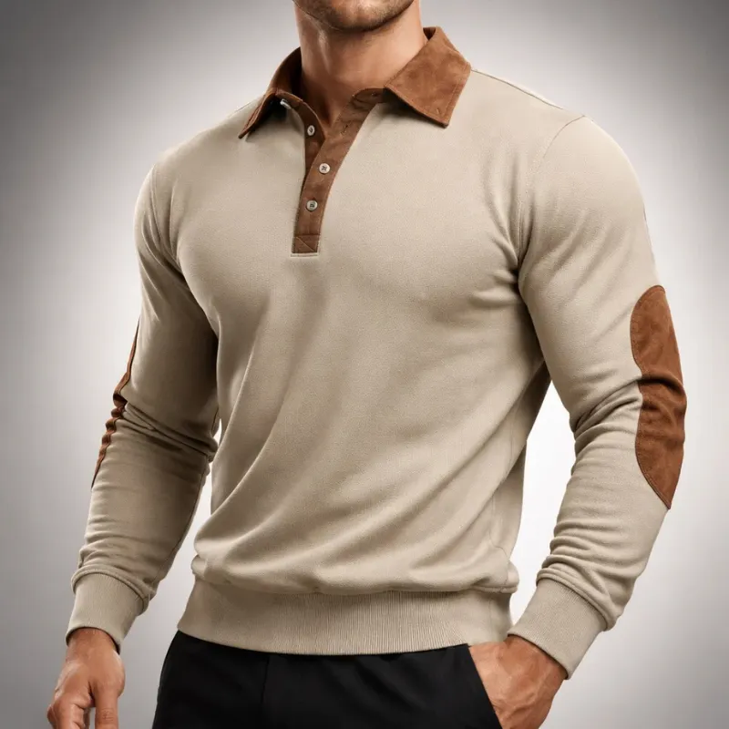Men's Cotton Long-Sleeve Polo Pullover &ndash; Smart-Casual Knit &ndash; Khaki