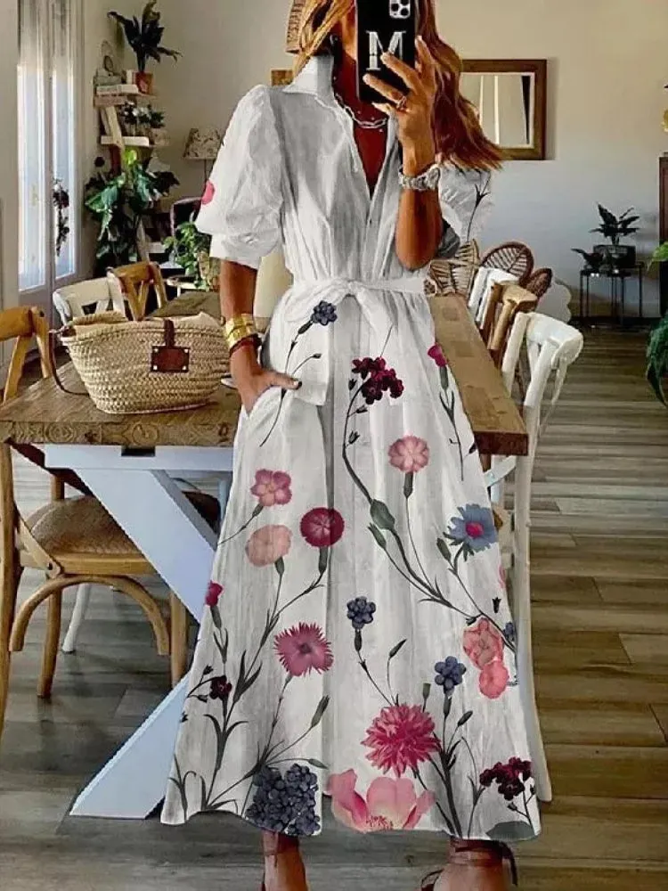 Women's Short Sleeve V-neck Graphic Floral Printed Maxi Dress