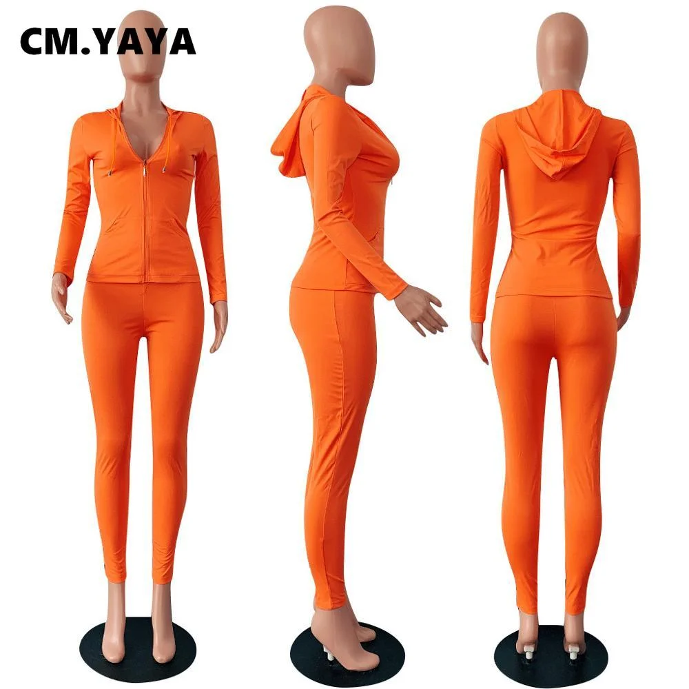 CM.YAYA Autumn Women Solid Zipper Up Long Sleeve Hooded Top Pencil Pants Suit Two Piece Set Casual Sporting Tracksuit Outfit