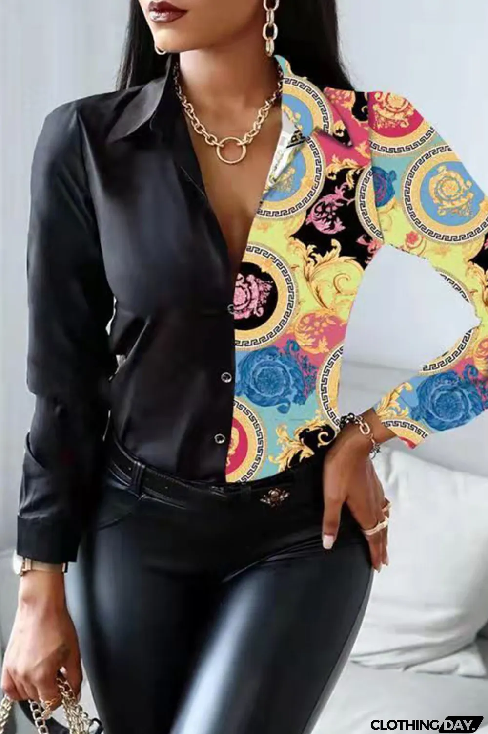 White Fashion Casual Print Patchwork Turndown Collar Tops