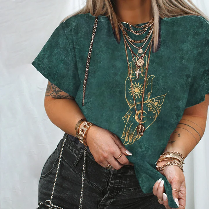   Mysterious Moon Sun Hands Printed Loose T-shirt Designer - Neojana