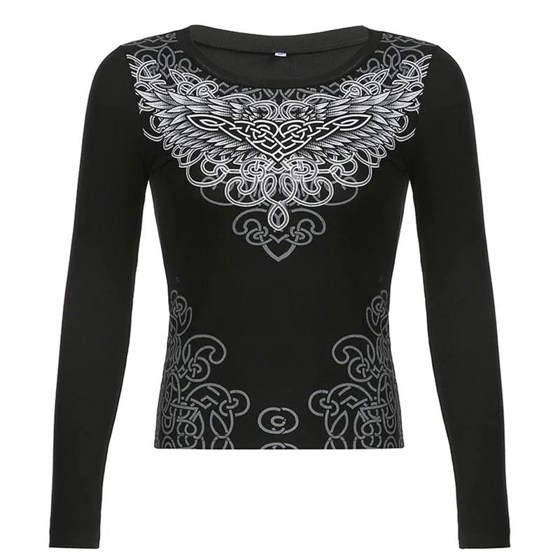 Xingqing Angel Wings Print Tops Fairy Grunge Graphic T Shirts Vintage Indie Aesthetic Clothes Cyber Y2k Slim Long Sleeve Top