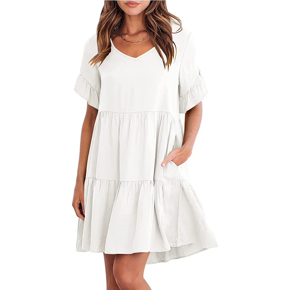 White Short Sleeve Solid Casual Women Dress