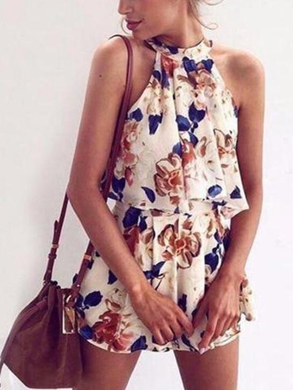 Halter Strapless Sleeveless Printed One-piece Culottes Dress