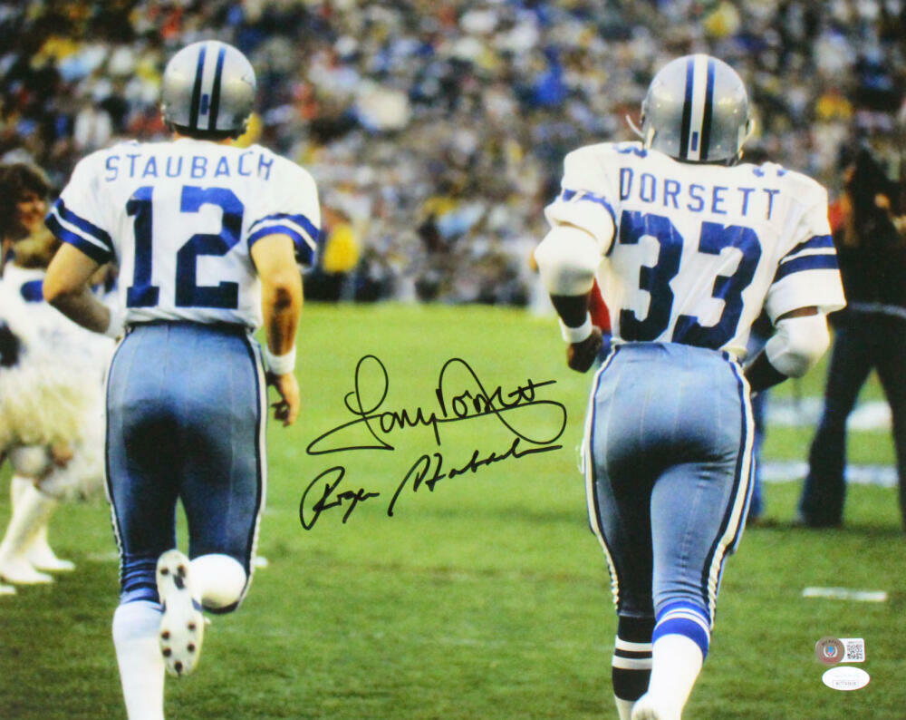 Roger Staubach Tony Dorsett Signed Dallas Cowboys 16x20 Back Photo Poster painting-BAW Holo/JSAW