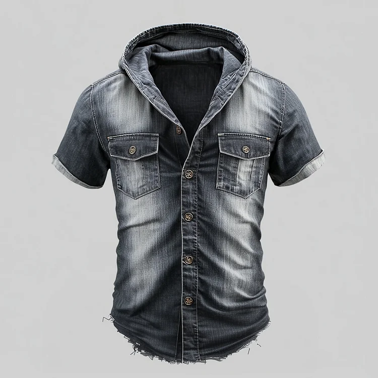 Men's Flap Pocket Short Sleeve Washed Denim Hooded Shirt