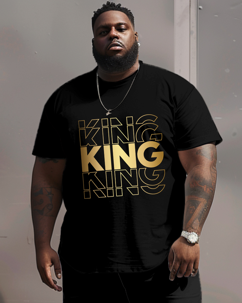 Men's Plus Size King Alphabet Print Round Neck Short Sleeve Tee