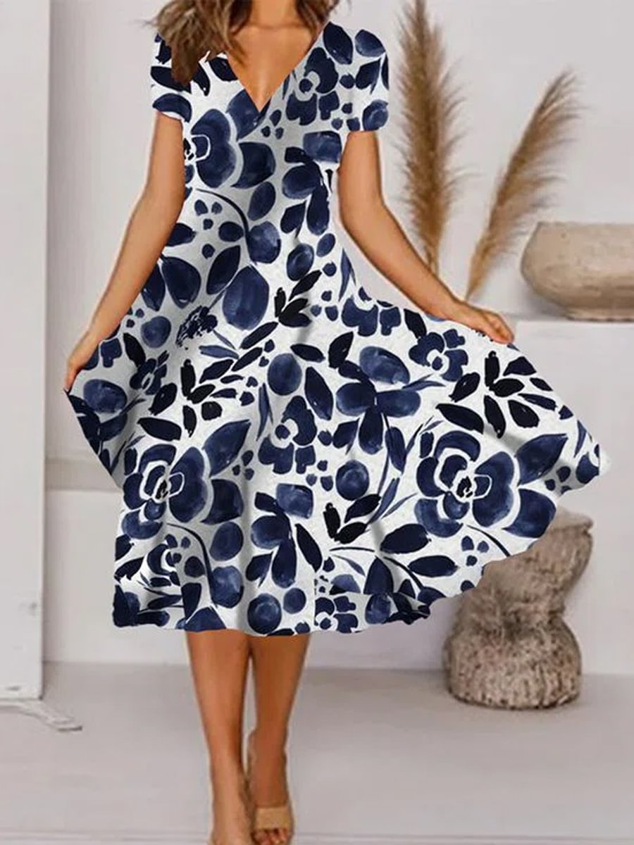 V Neck Boho Cotton Short Sleeve Woven Dress