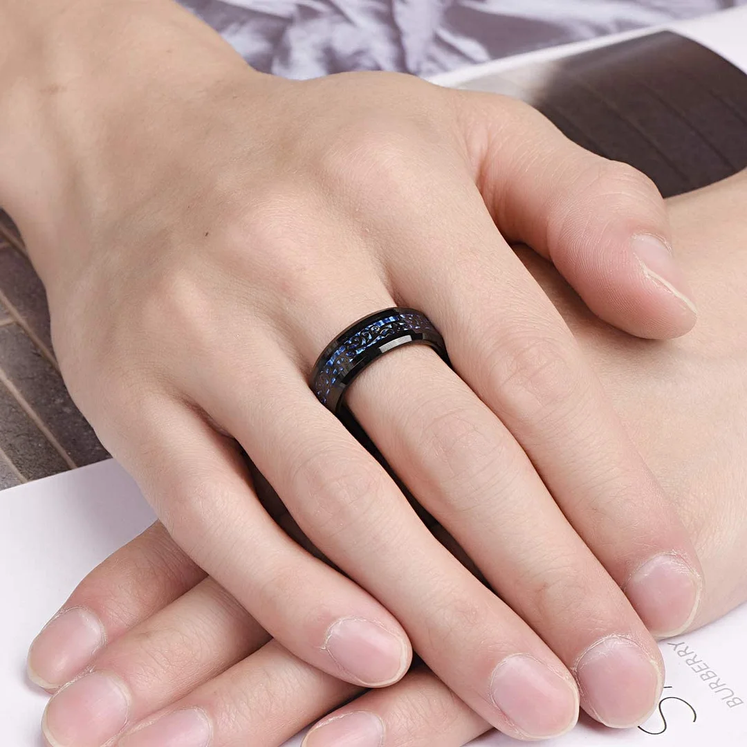 6MM 8MM Blue Carbon Fiber Tungsten Carbide Wedding Rings with Black Vine Inlay For Wedding Women Mens