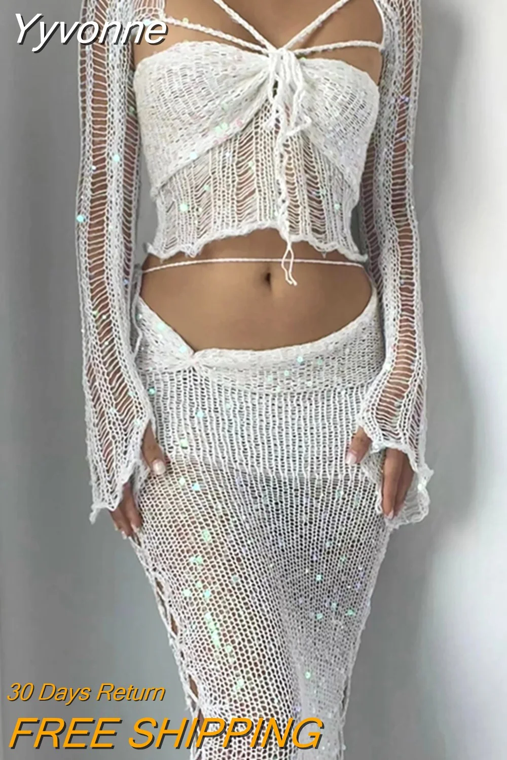 Yyvonne Hollow Out Sequins Y2K 3 Piece Women Set Summer 2023 Long Sleeve Crop Tops and Bodycon Mini Skirts Knit Beach Outfits