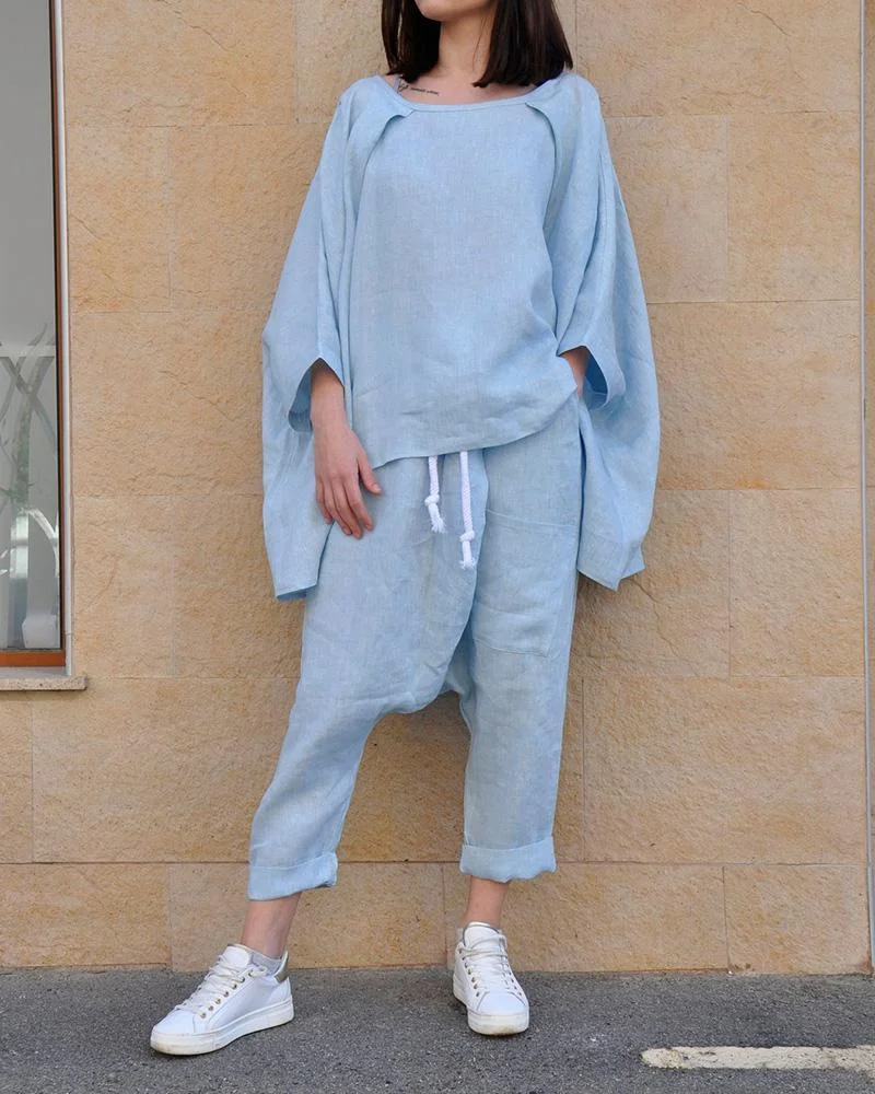 Solid color loose cotton two-piece suit