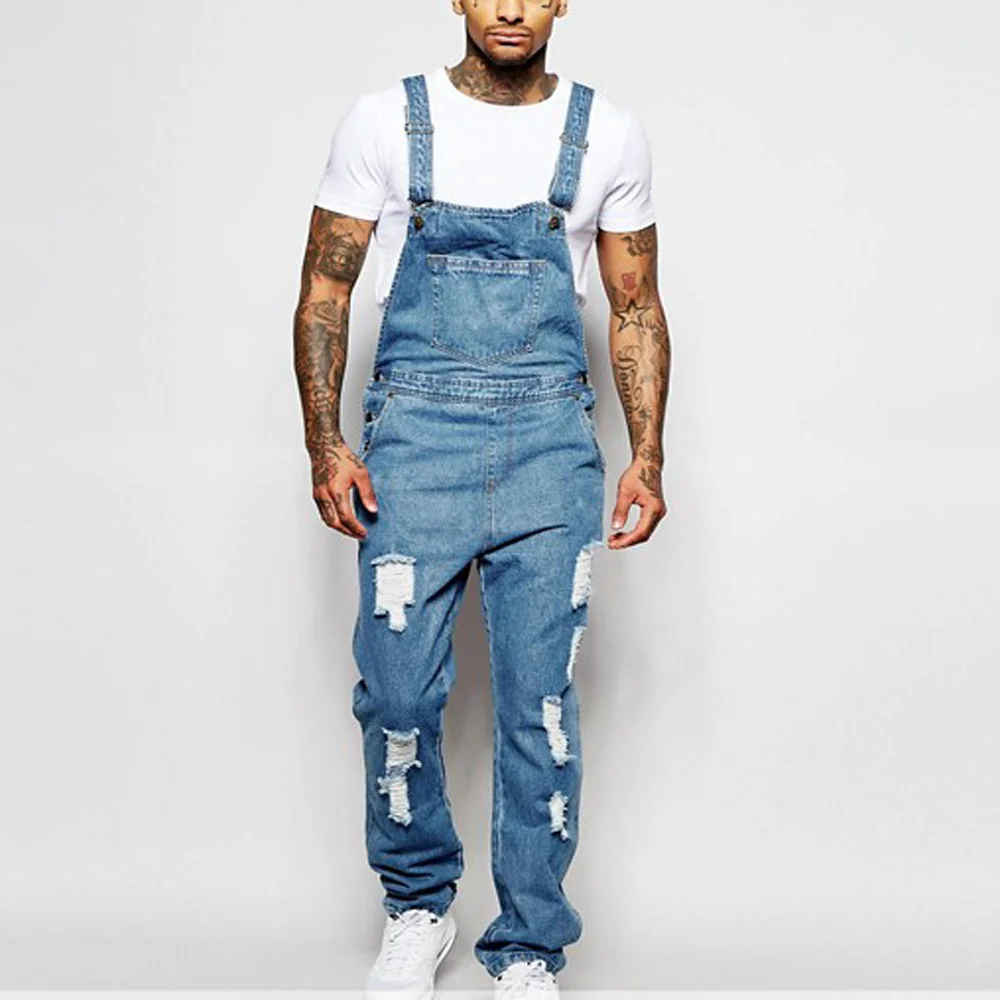 Men's Suspender Denim Jumpsuit Casual Ripped Denim Jeans Overall Jumpsuit Pants
