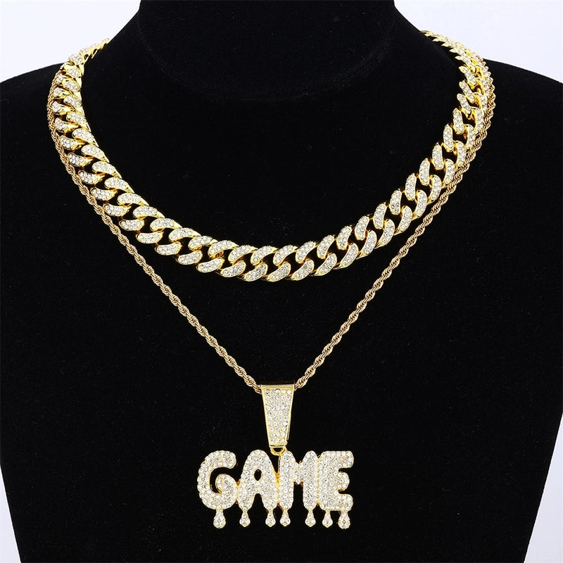 Hip Hop Game Letter Pendant Necklace Full Diamond Full Zirconium Gold Plated Cuban Link Chain Advanced Accessories
