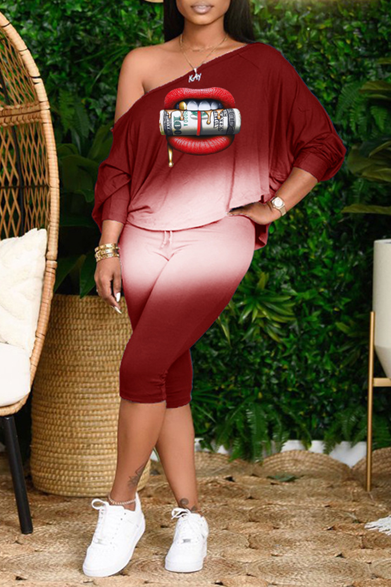 Casual Print Split Joint One Shoulder Long Sleeve Two Pieces