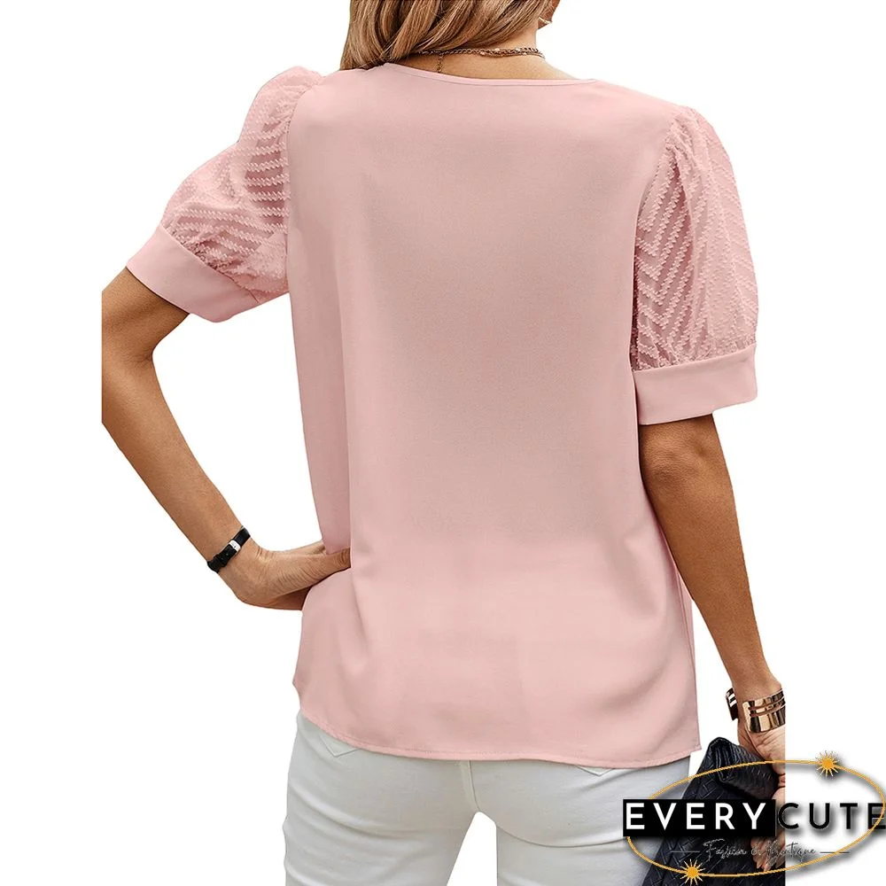 Pink V-neck Mesh Short Sleeved Knitted Blouse