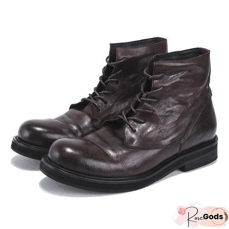 Genuine Leather Retro Work Boots Men Winter Sneakers Lace Up High-Top Ankle Boots