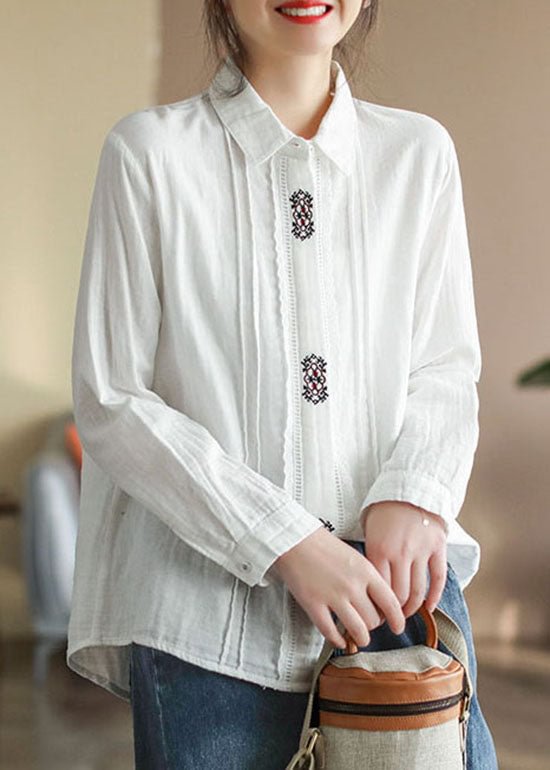 Art White Peter Pan Collar button Embroideried Cotton Shirt Tops Spring CK115- Fabulory