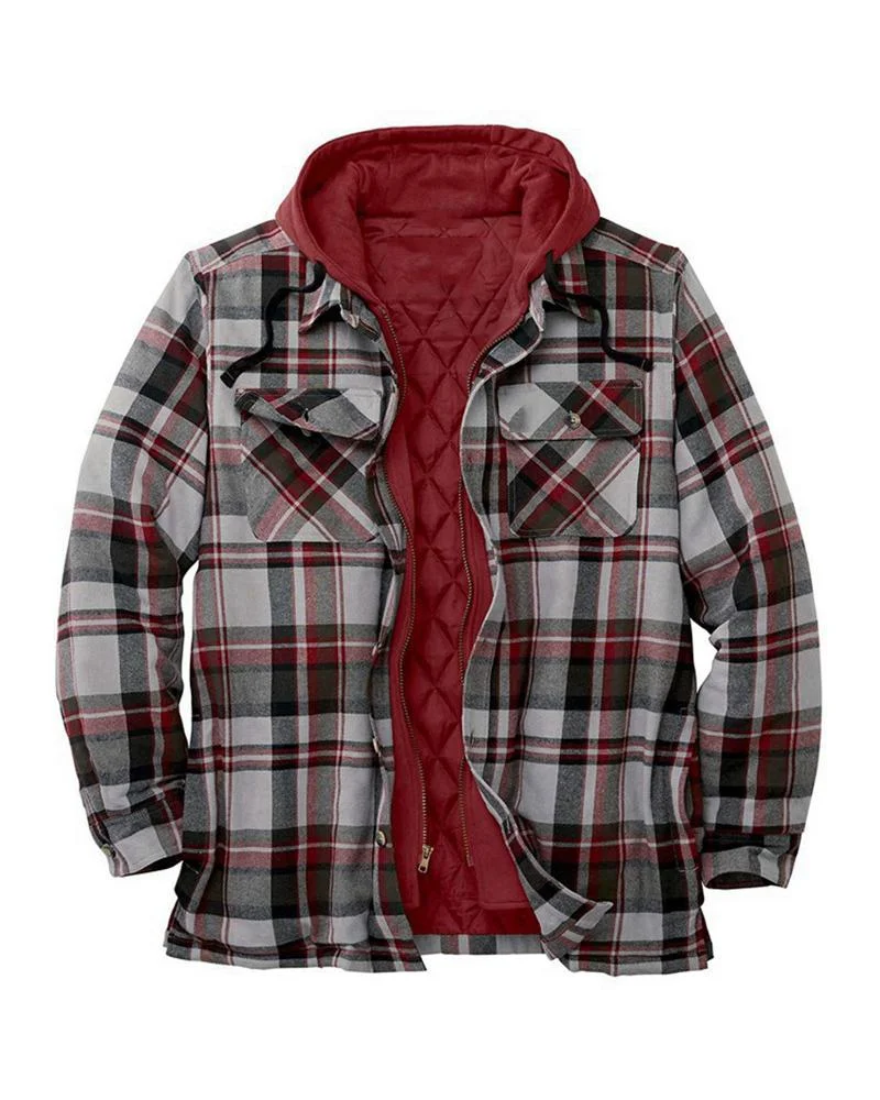 men's casual ink red plaid hooded jacket shirt