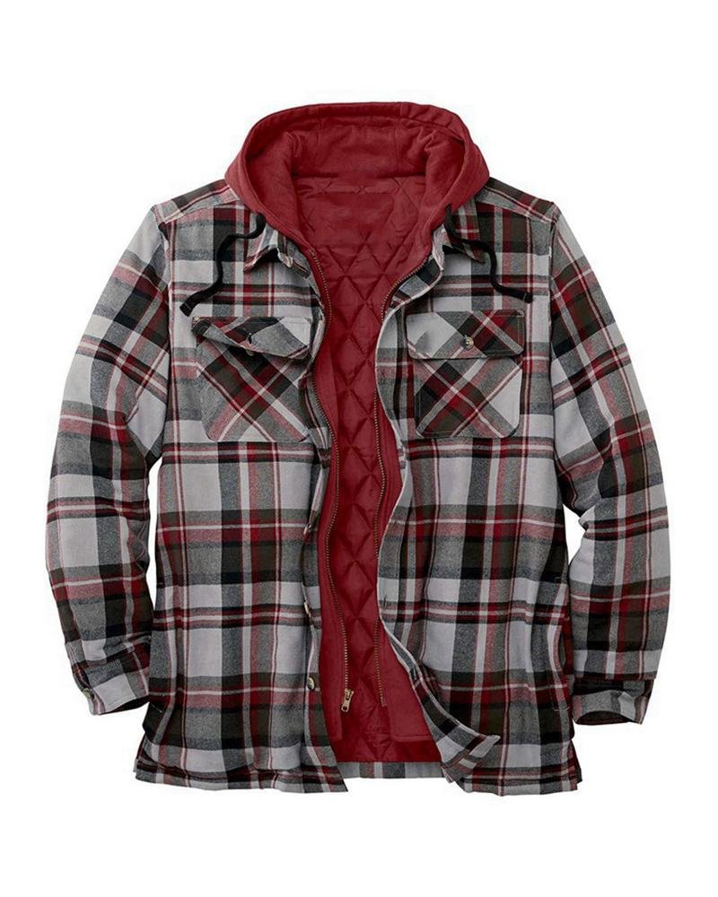 men's casual ink red plaid hooded jacket shirt