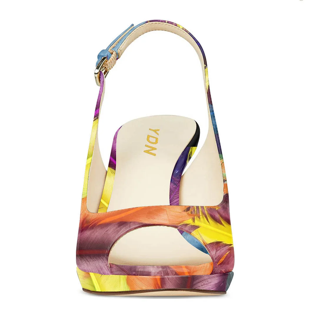 Multicolor Feather Printed Peep Toe Platform High Heels for Women