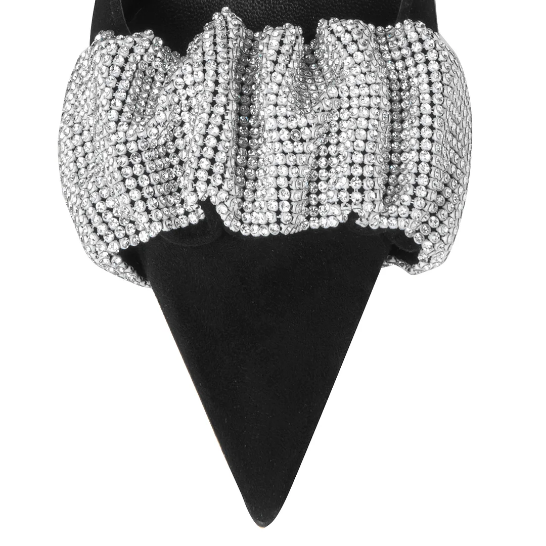 Black Faux Suede Rhinestone Band Inlay Elegant Pumps with Flared Heel