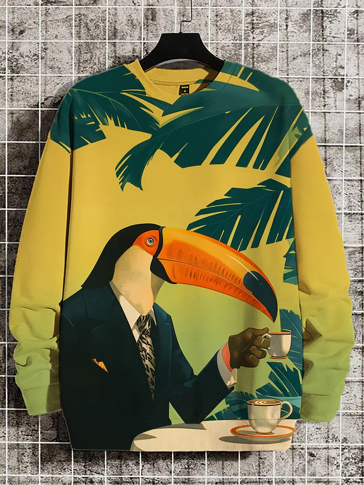 Men's Toucan Drinking Coffee Print Casual Sweatshirt