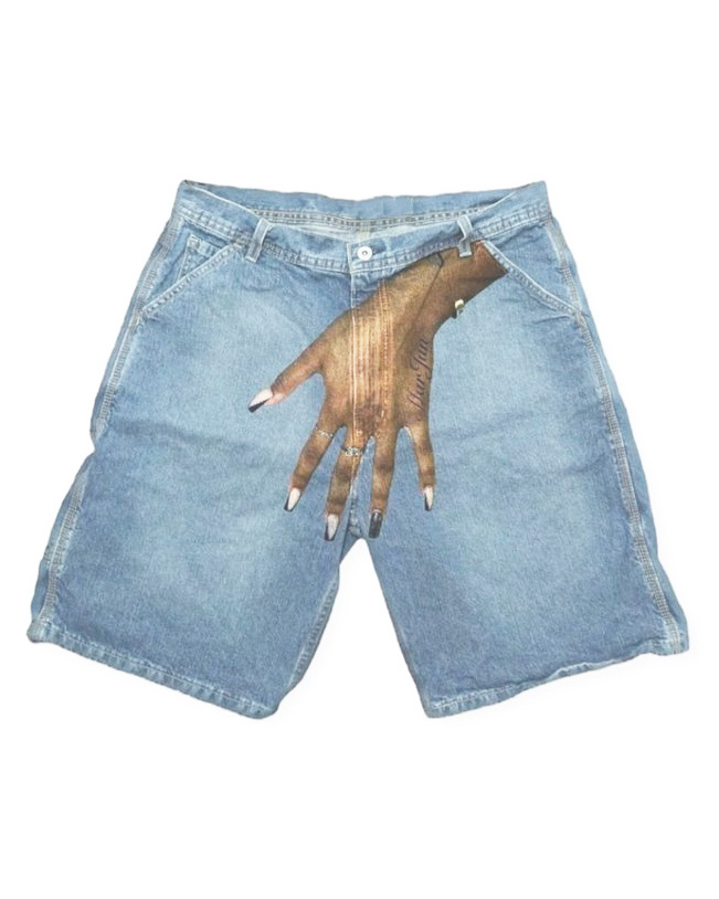 Plus Size Men Street Fashion Fantasy Girl Hand Print Denim Shorts