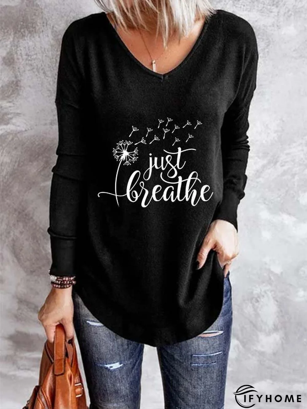 Long Sleeve V Neck Printed Casual Tunic T-Shirt | IFYHOME