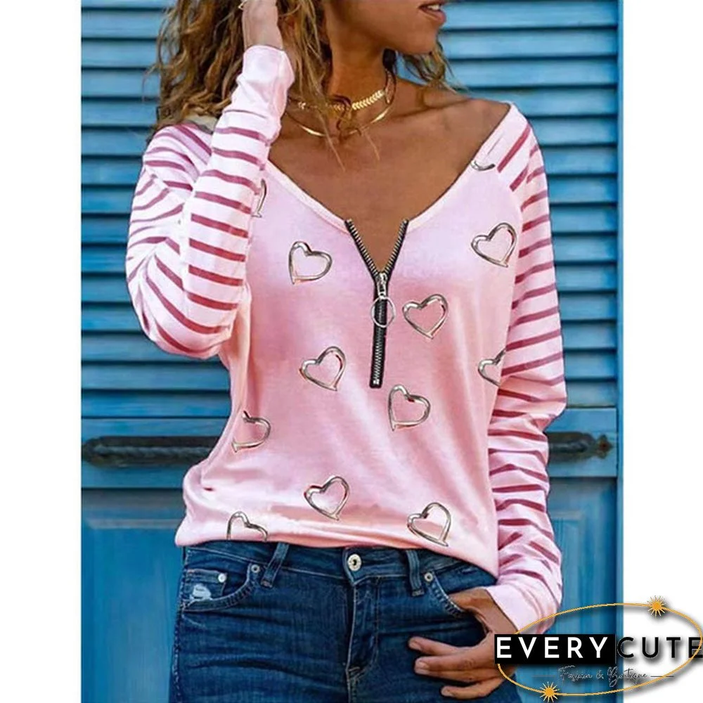 XS-8XL Plus Size Fashion Clothes Women's Casual Long Sleeve Tee Shirts V-neck Zipper Blouses Ladies Autumn and Winter Tops Striped Tops Heart Shape Printed Cotton Pullover Sweatshirts Loose T-shirts