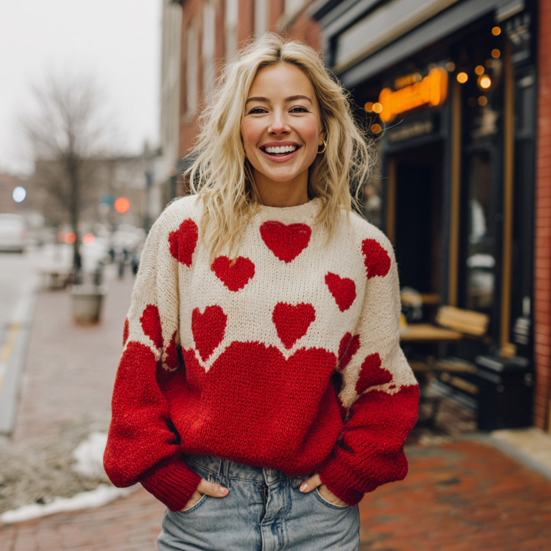 Women's Valentine's Day Heart Pattern Color Block Comfortable Knit Sweater wearshes