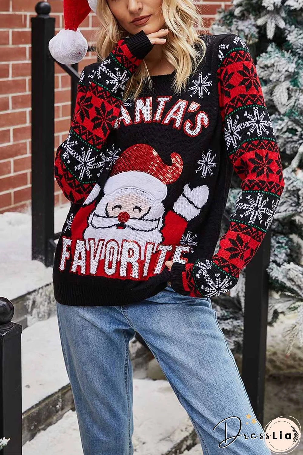 Santa Embroidered Round Neck Knitted Sweater