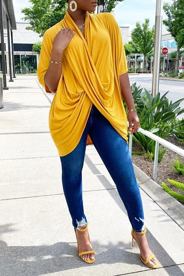 Solid Color Ruffle Stylish Front Wrap T-Shirt