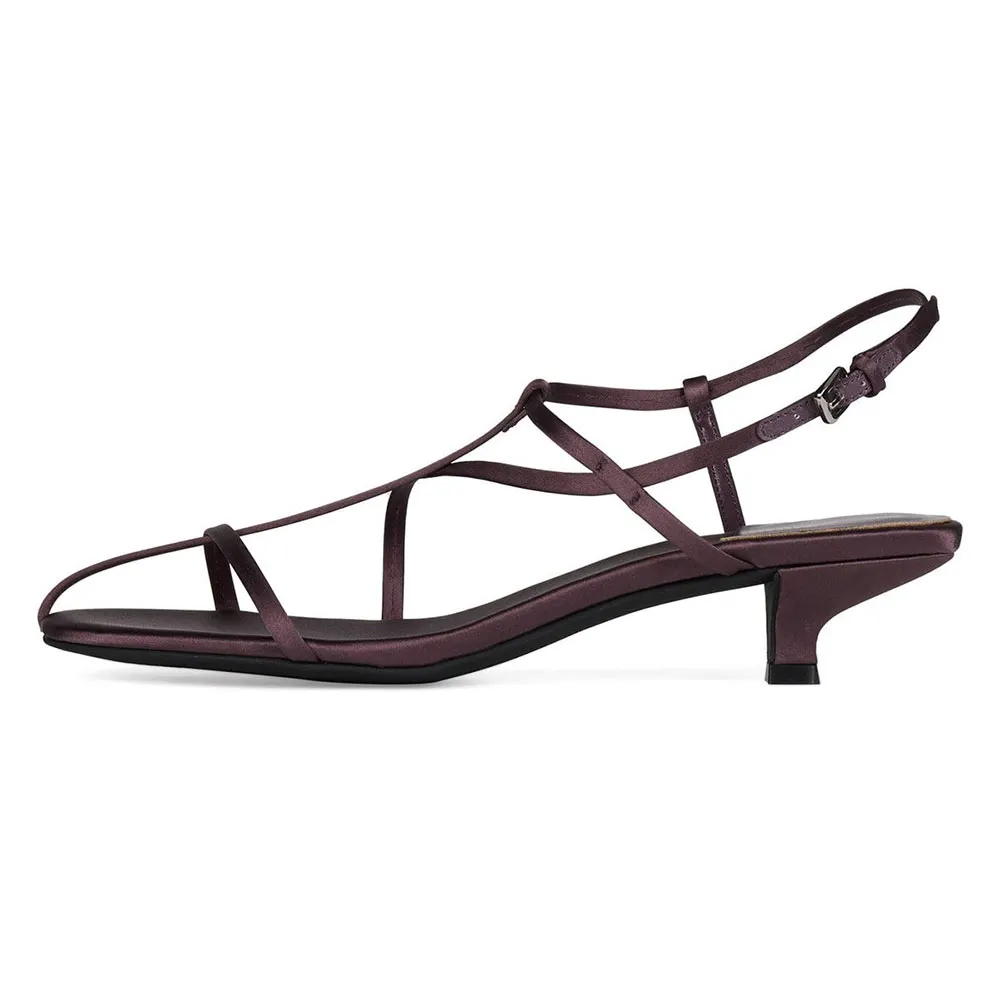 Satin Open Round Toe T-Strap Kitten Heeled Sandals in Purple