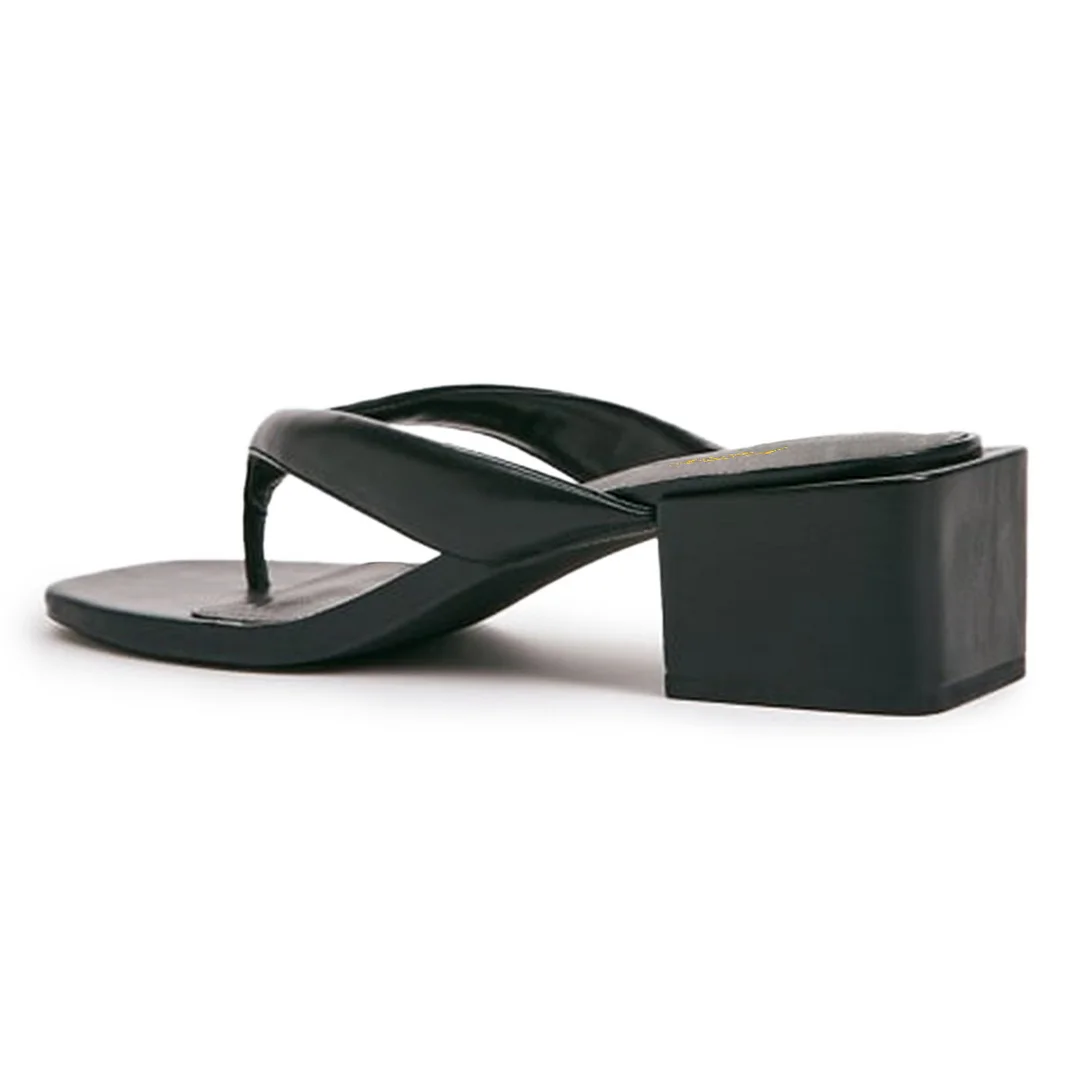 Black Vegan Leather Open Toe Block Heel Flip Flop Mules for Women