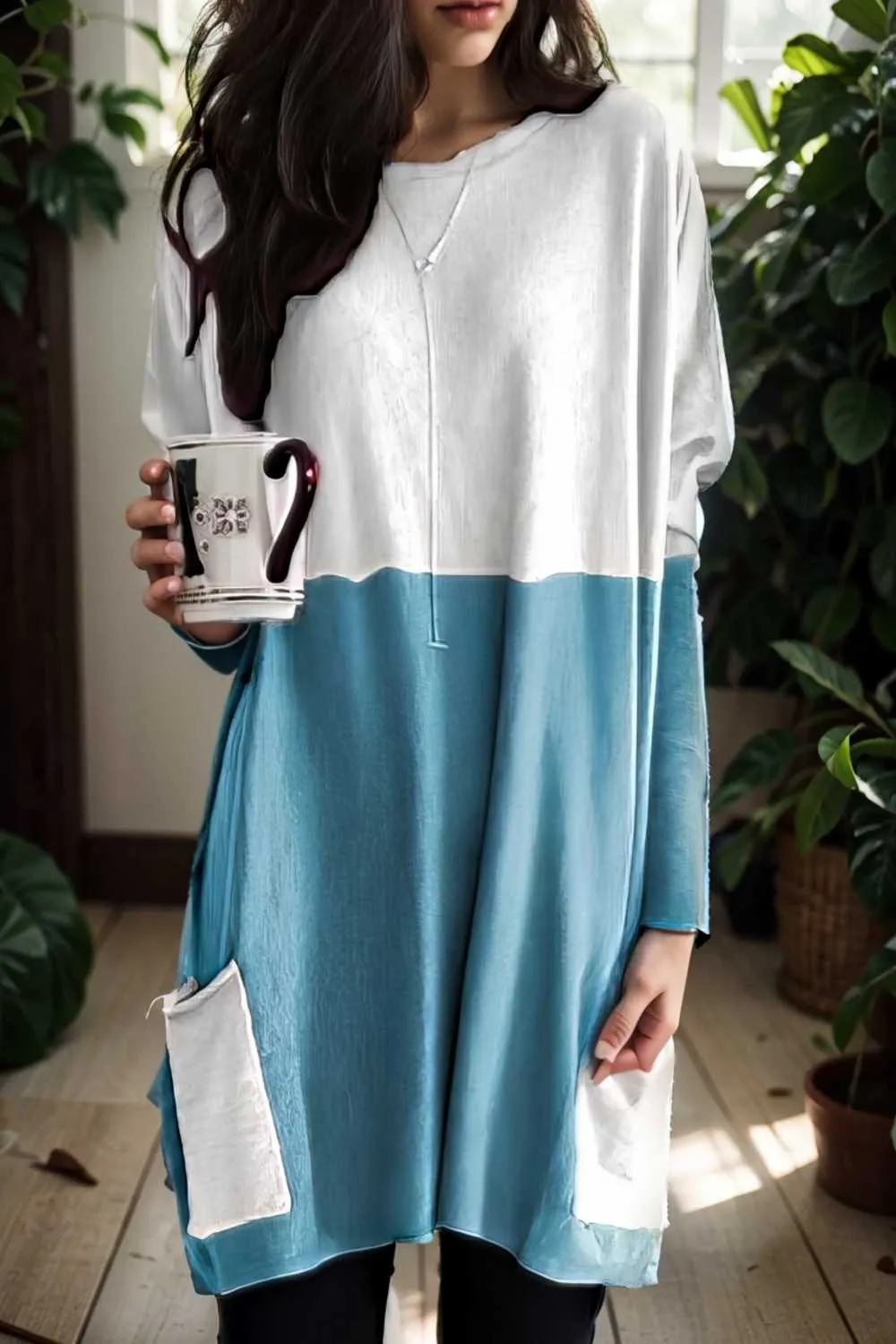 two color stitching pocket loose long sleeve t shirt