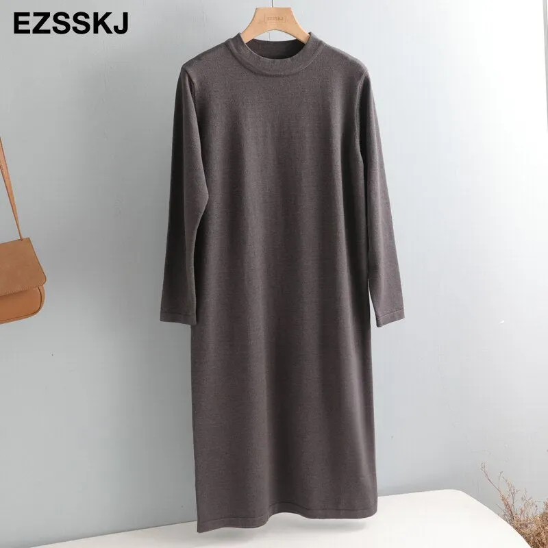 straight autumn winter long sweater dress women split side long o-neck maix sweater dress female basic dress