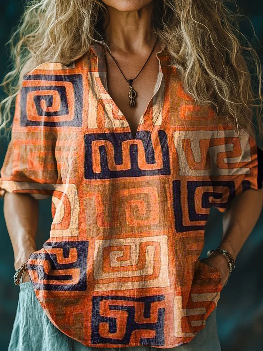 Women's Retro Indian Style Print Casual Linen V-neck Shirt