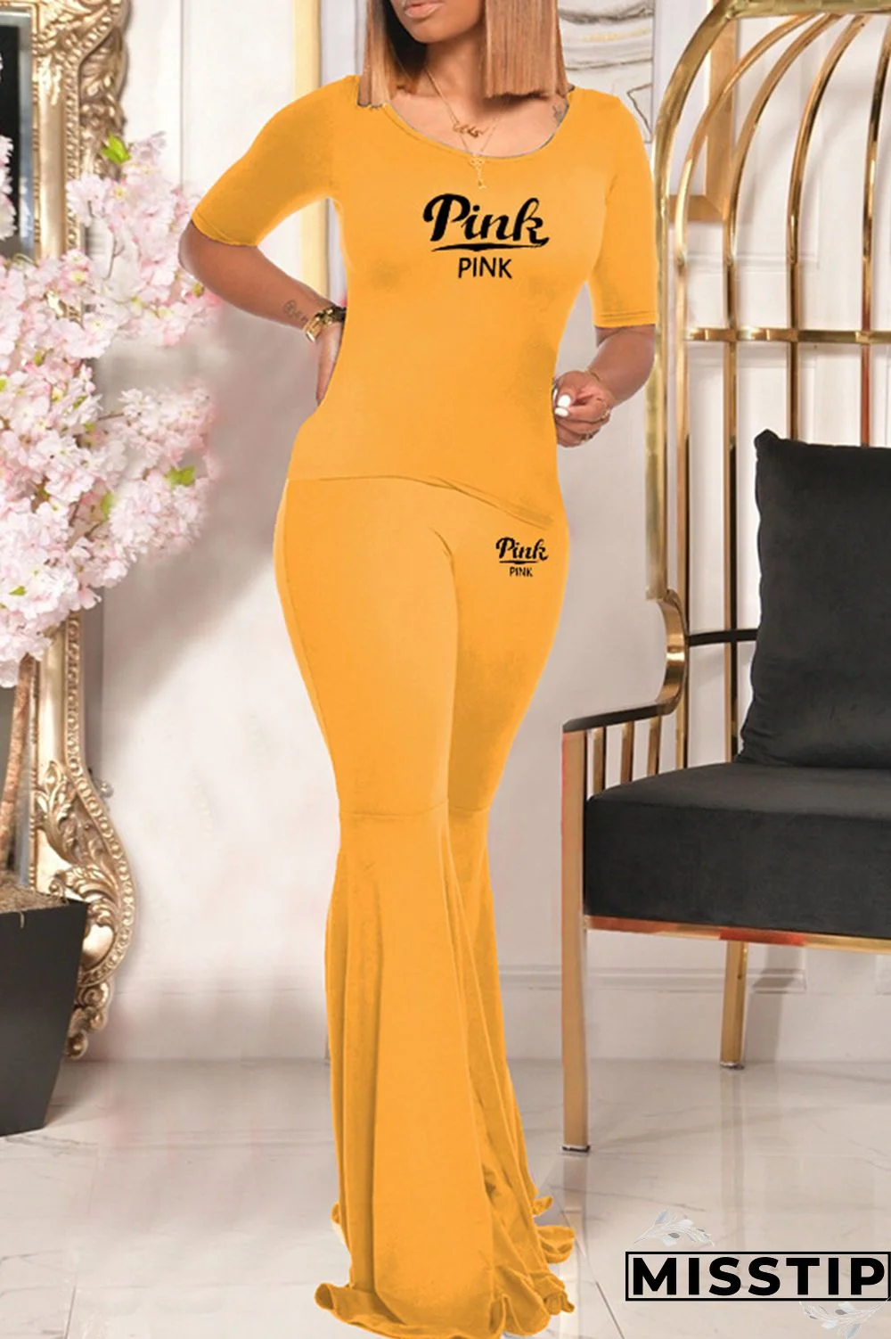 Black Fashion Casual Letter Print Basic O Neck Short Sleeve Two Pieces