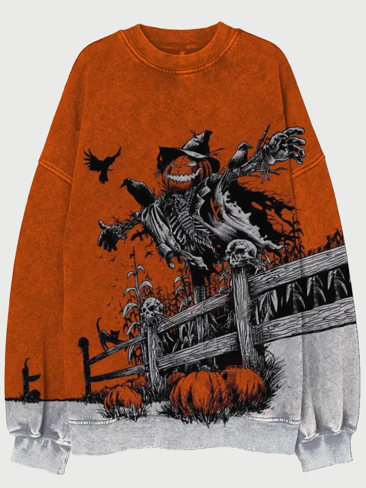 Broswear Halloween Scary Scarecrow Pattern Washed Sweatshirt